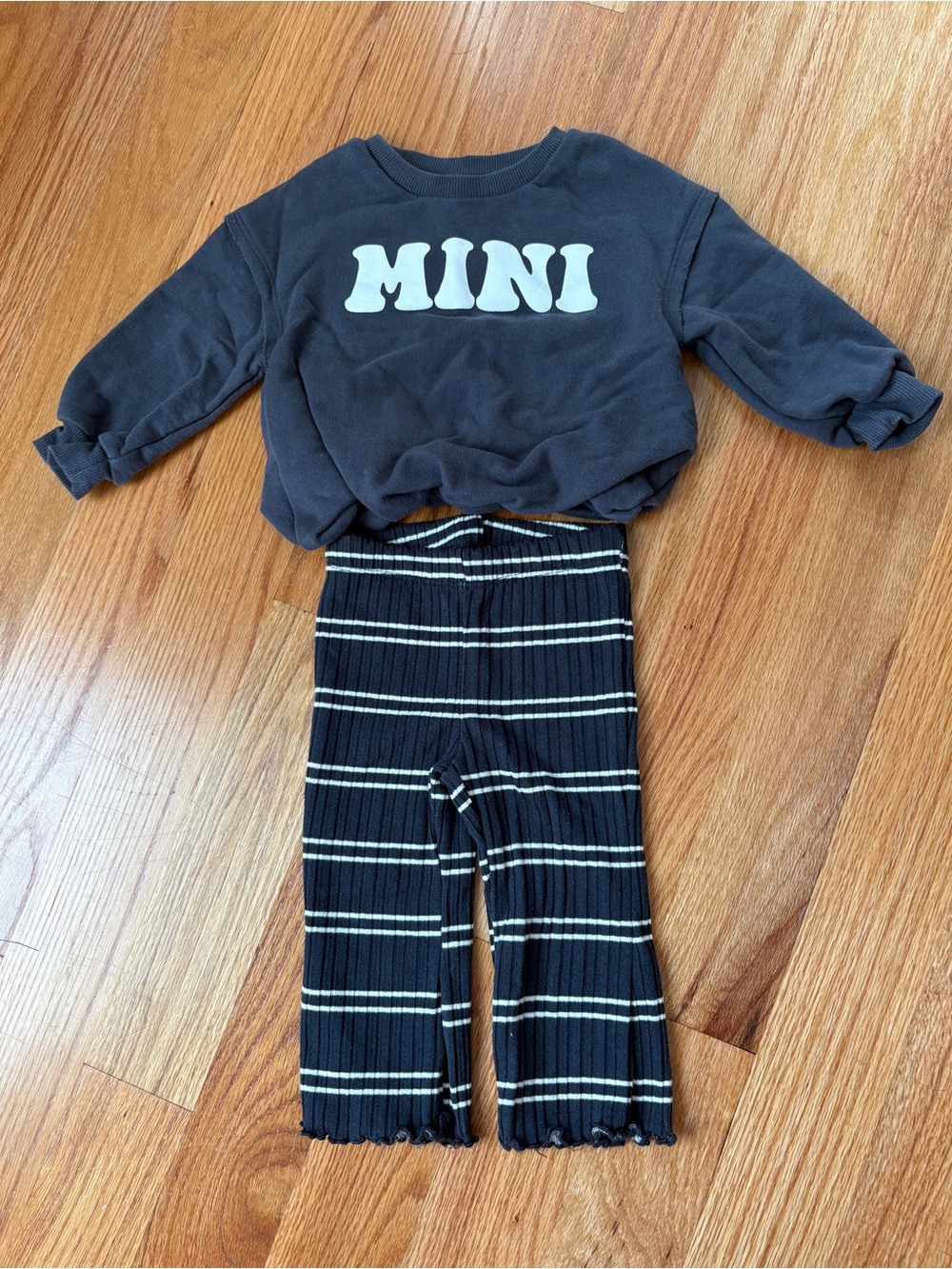Kids Black 'MINI' Set with Striped Ribbed Pants